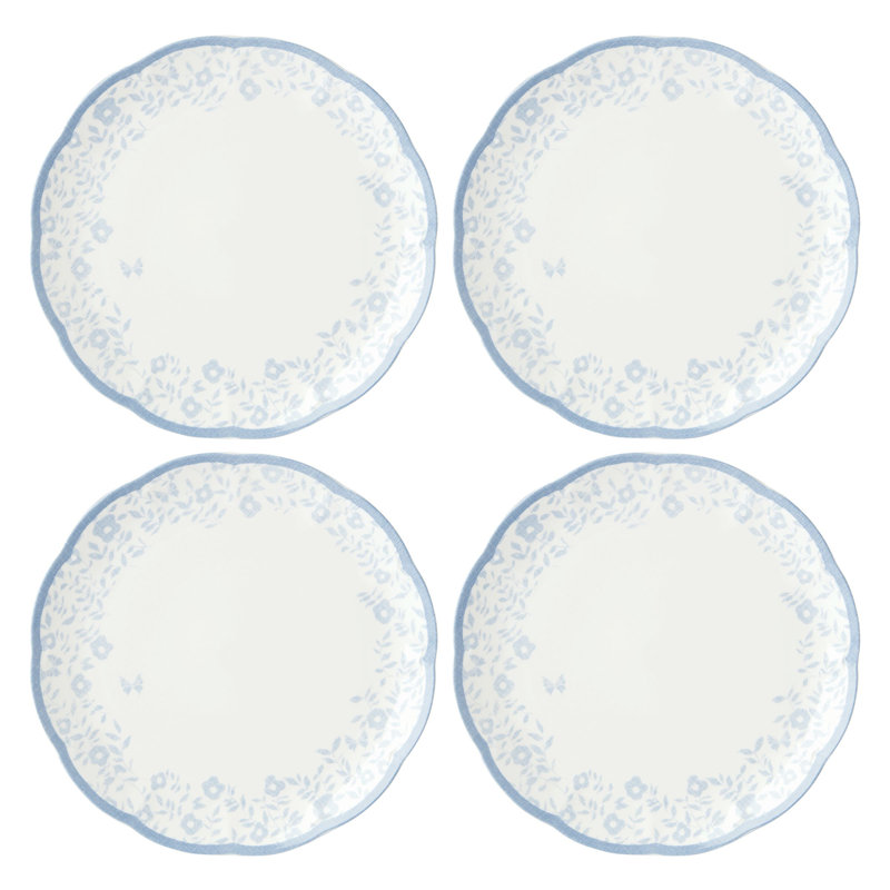 Cornflower Blue Porcelain Scalloped Edge Dinner Plates, Set of 4