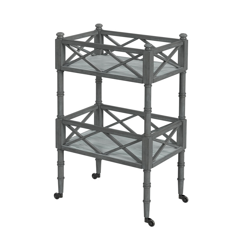 Powder Gray 2-Tier Mobile Server Bar Cart with Oak Veneers