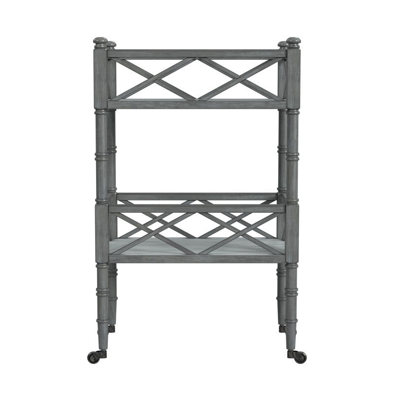 Powder Gray 2-Tier Mobile Server Bar Cart with Oak Veneers