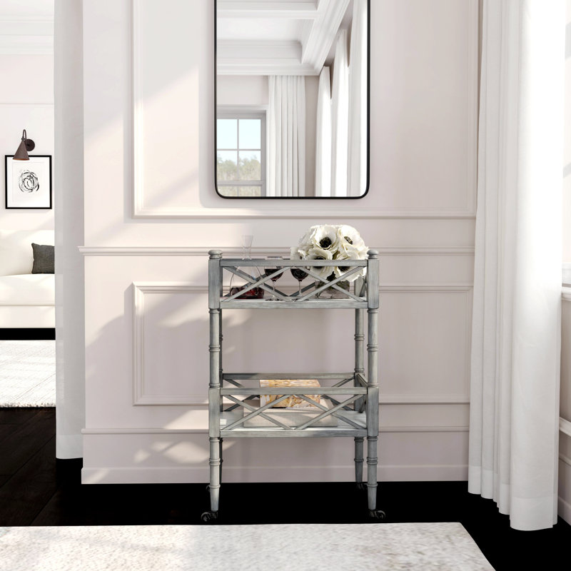 Powder Gray 2-Tier Mobile Server Bar Cart with Oak Veneers