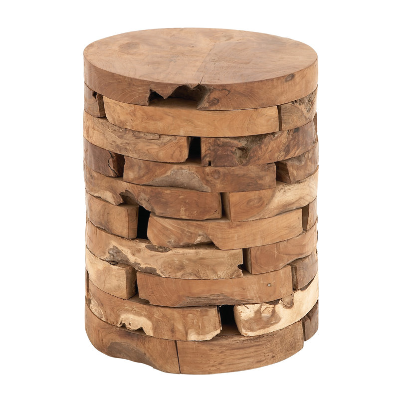 Light Brown Teak Wood Round Live Edge Accent Table 14" x 18"