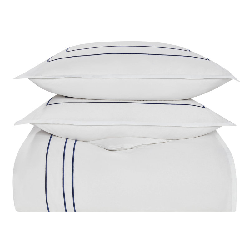 King White Cotton Duvet Cover Set with Navy Trim