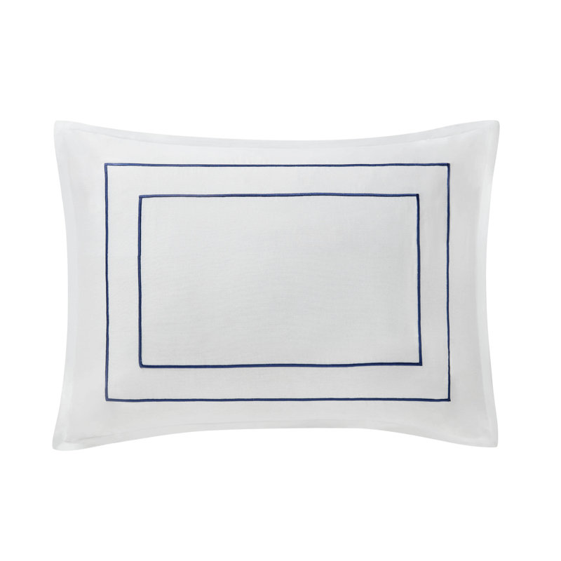 King White Cotton Duvet Cover Set with Navy Trim
