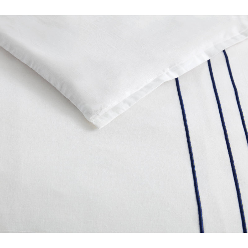 King White Cotton Duvet Cover Set with Navy Trim
