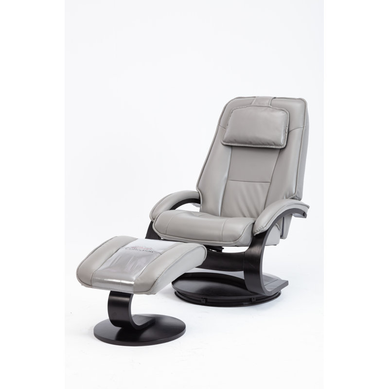 Transitional Gray Leather Swivel Recliner with Wood Accents
