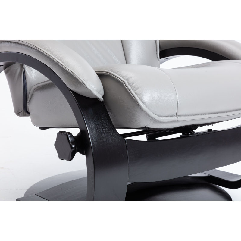 Transitional Gray Leather Swivel Recliner with Wood Accents