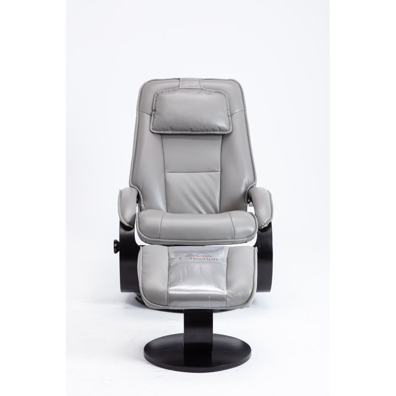 Transitional Gray Leather Swivel Recliner with Wood Accents