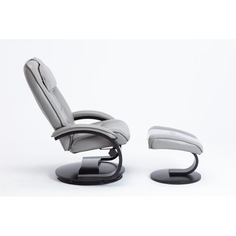 Transitional Gray Leather Swivel Recliner with Wood Accents