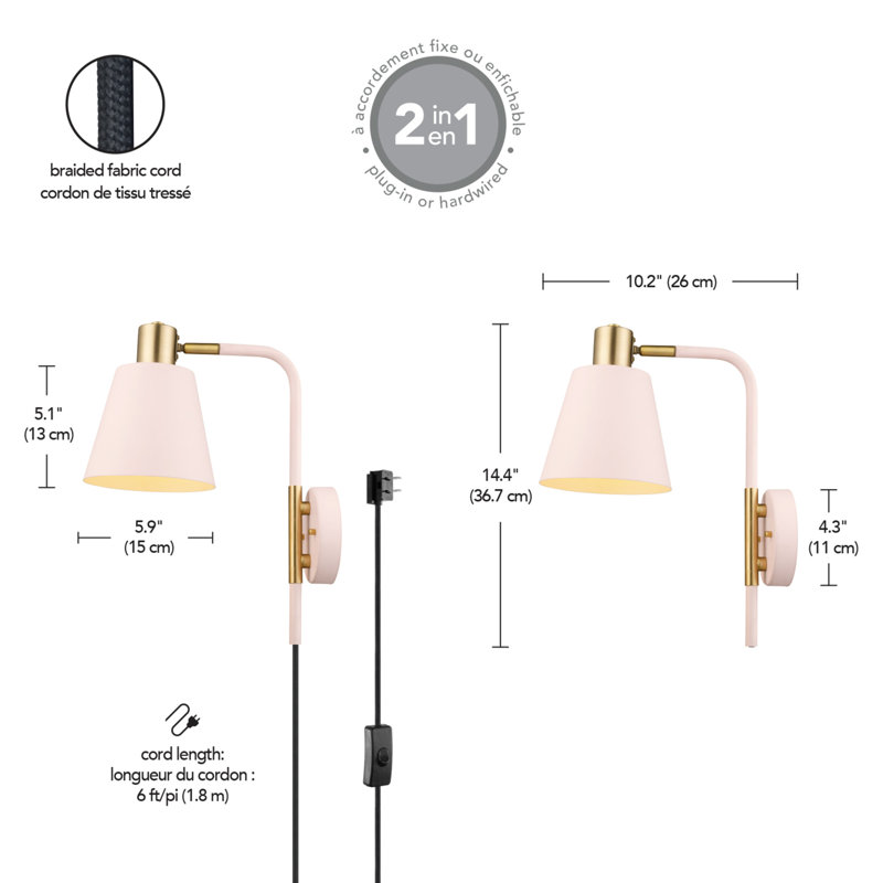 Cleo 14'' Blush Pink and Matte Brass Glam Wall Sconce