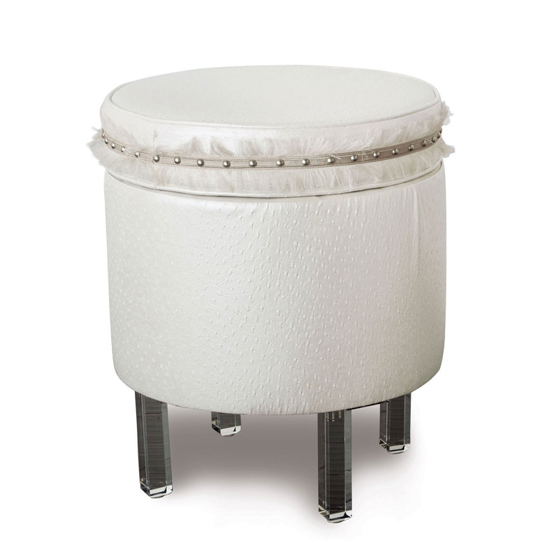 Ivory Faux Leather Round Storage Ottoman with Acrylic Legs