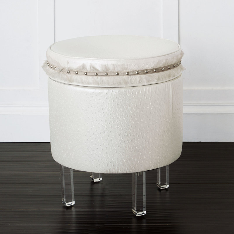 Ivory Faux Leather Round Storage Ottoman with Acrylic Legs