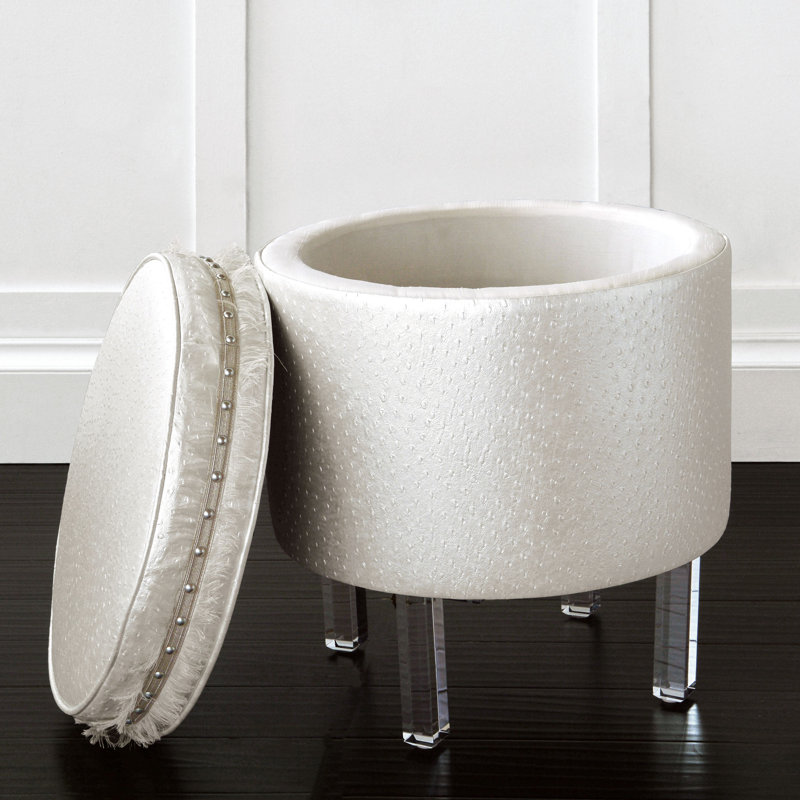 Ivory Faux Leather Round Storage Ottoman with Acrylic Legs