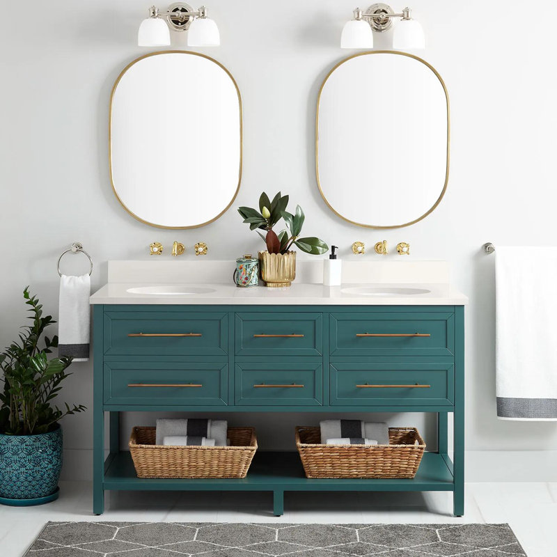 60" White Mahogany Double Bathroom Vanity with Arctic White Quartz Top