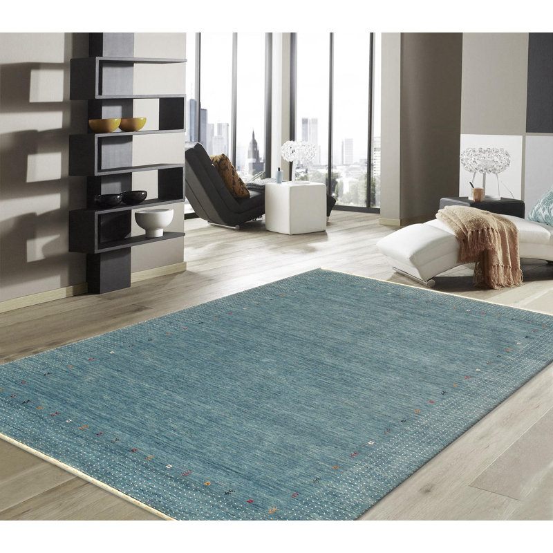 Handmade Blue Wool and Silk Area Rug, 4' x 6'