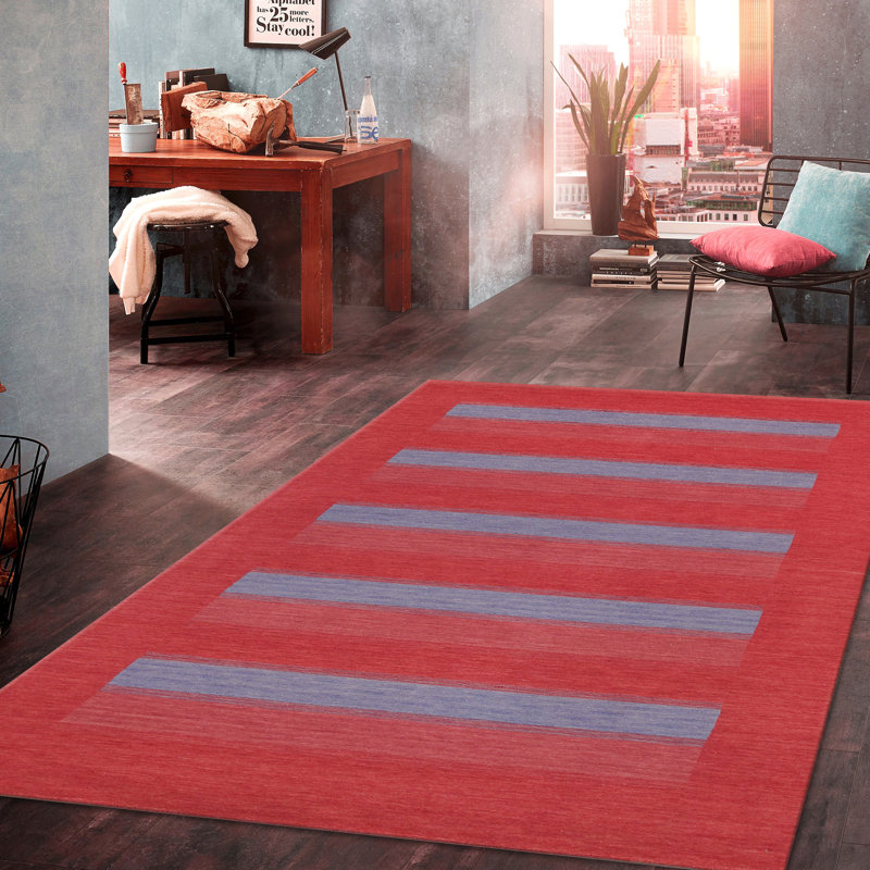 Handmade Red and Blue Wool Viscose Area Rug 10' x 14'