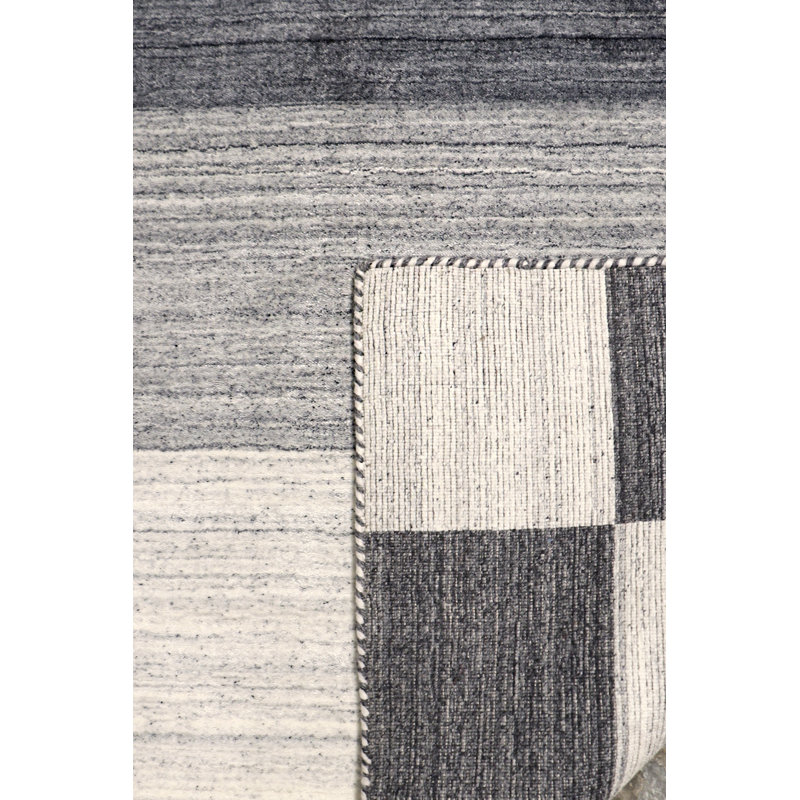 Hand-Knotted Off-White and Gray Viscose Rectangular Rug
