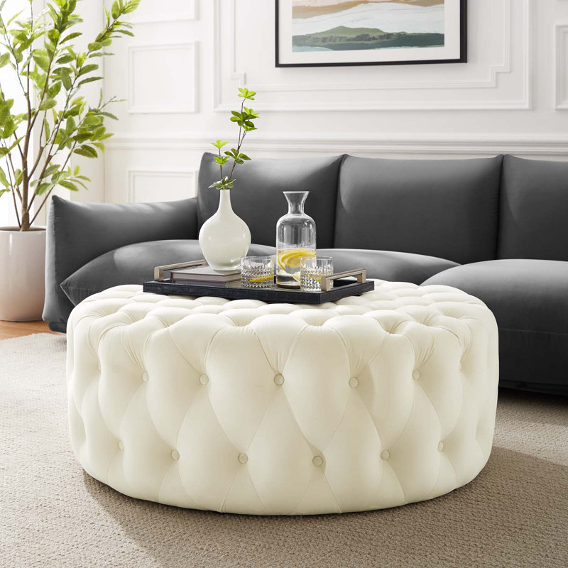 Amour 40'' Ivory Velvet Tufted Large Round Ottoman