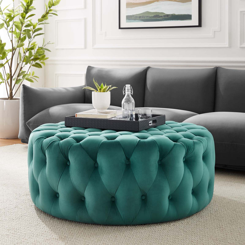 Teal Velvet Tufted Round Ottoman with Button Accents