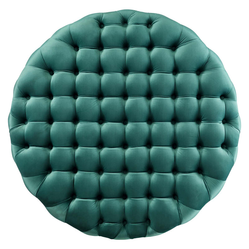 Teal Velvet Tufted Round Ottoman with Button Accents