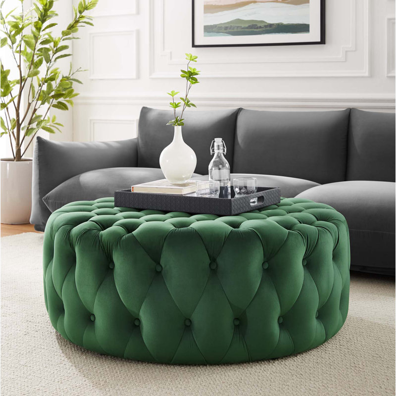 Amour 40" Emerald Tufted Round Velvet Ottoman