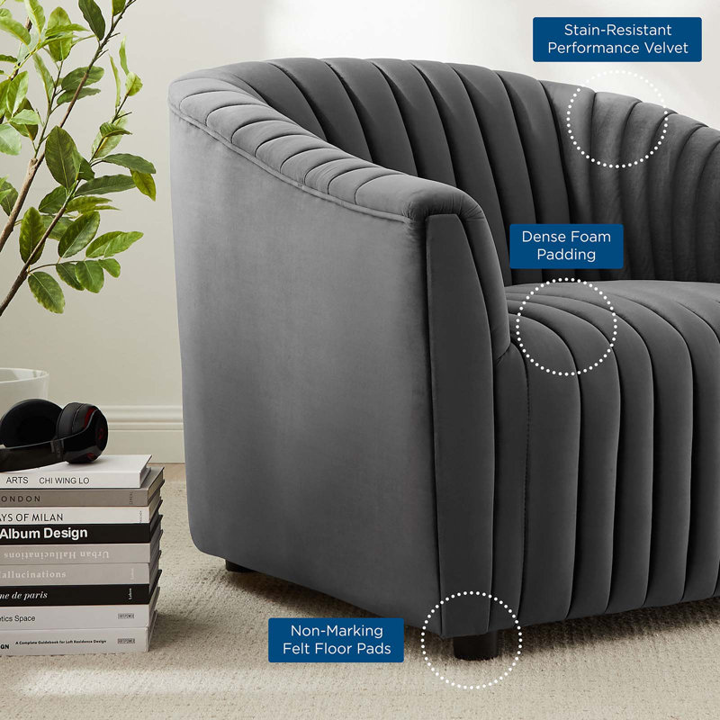 Charcoal Gray Velvet Channel Tufted Armchair with Wood Accents