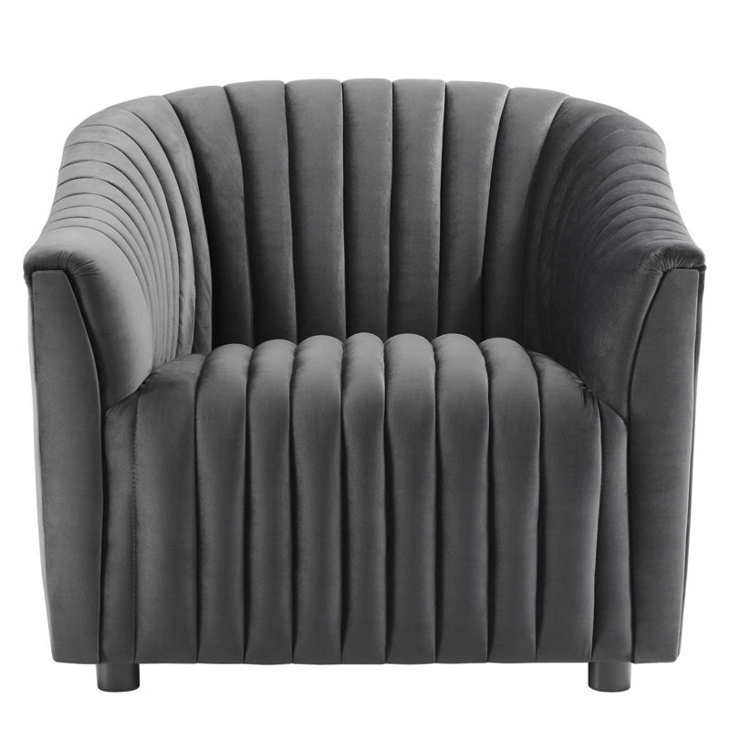Charcoal Gray Velvet Channel Tufted Armchair with Wood Accents