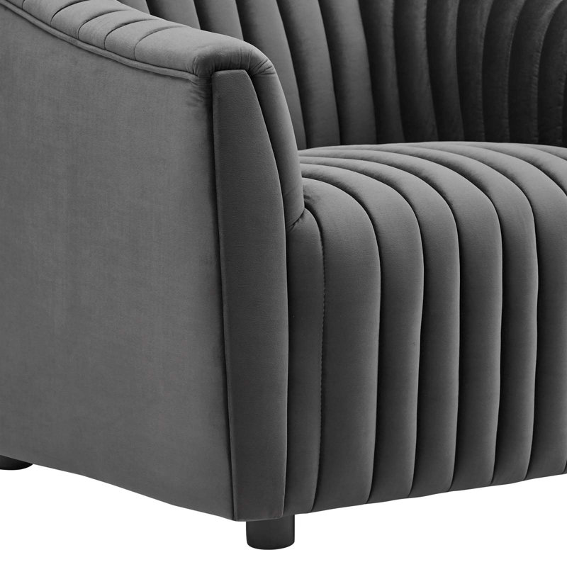 Charcoal Gray Velvet Channel Tufted Armchair with Wood Accents