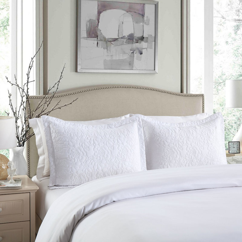 White Embroidered Cotton Polyester Standard Pillow Shams
