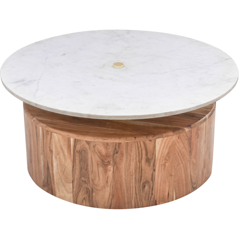 Acacia Wood and Brass Marble-Top 36" Coffee Table