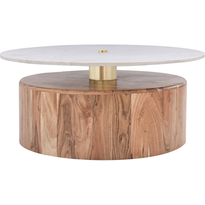 Acacia Wood and Brass Marble-Top 36" Coffee Table