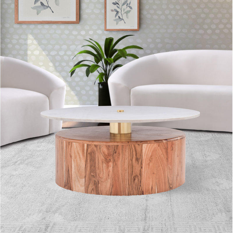 Acacia Wood and Brass Marble-Top 36" Coffee Table