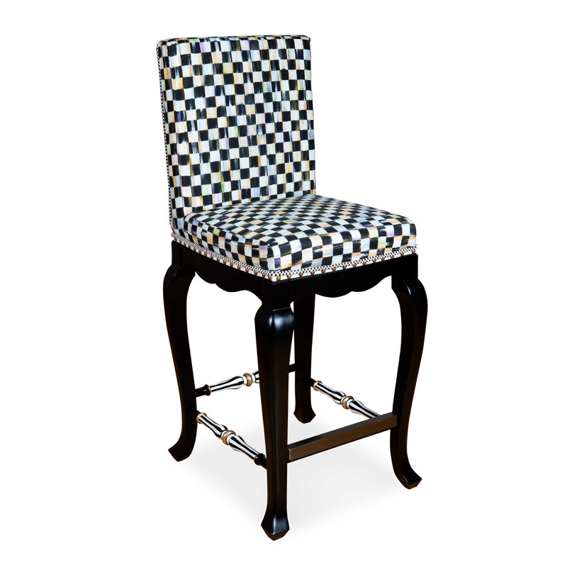 Black and White Upholstered Wood Counter Stool with Nailhead Trim