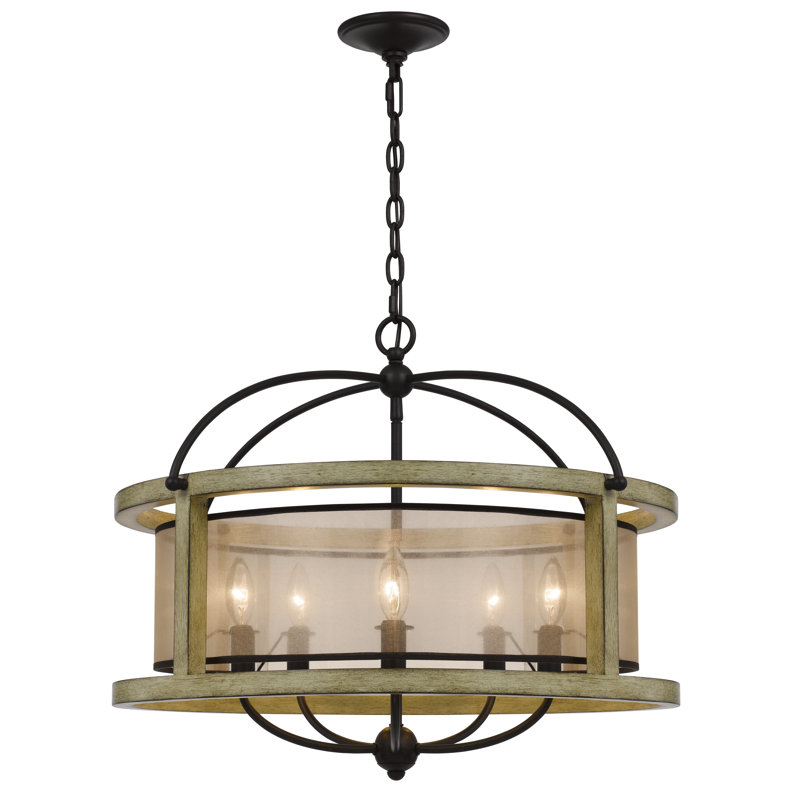 Palencia 26" Black Rubber Wood Drum Chandelier with Organza Shade