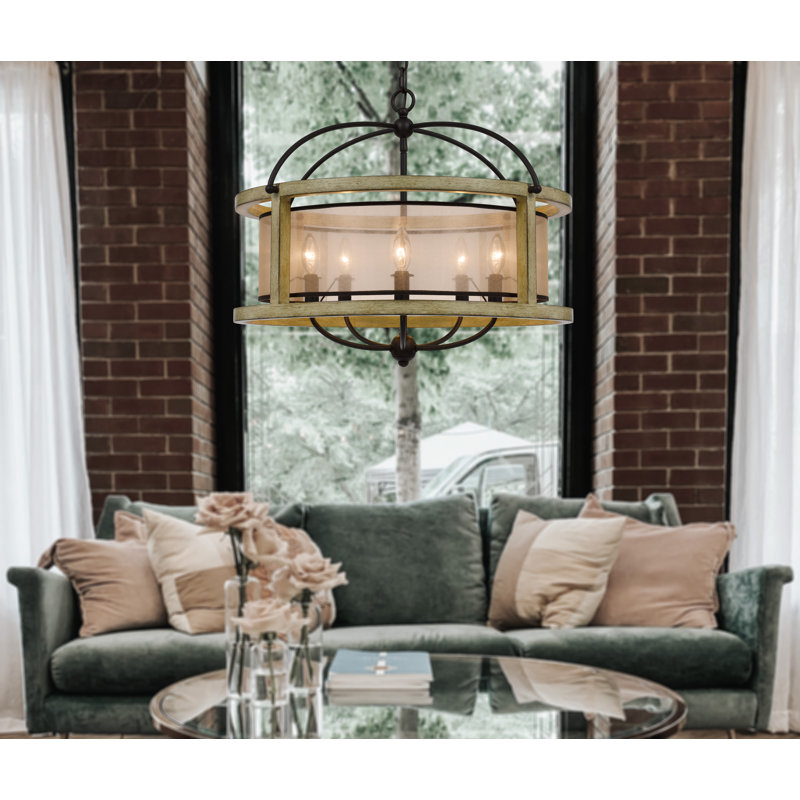 Palencia 26" Black Rubber Wood Drum Chandelier with Organza Shade