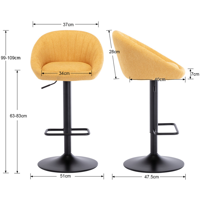 Yellow Adjustable Swivel Iron Bar Stools with Low Back, Set of 2