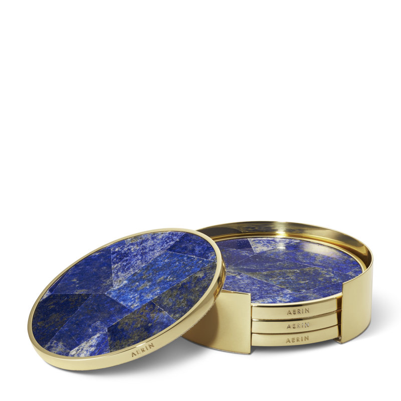 Lapis Blue Stone Mosaic Round Coaster Set with Gold Edging