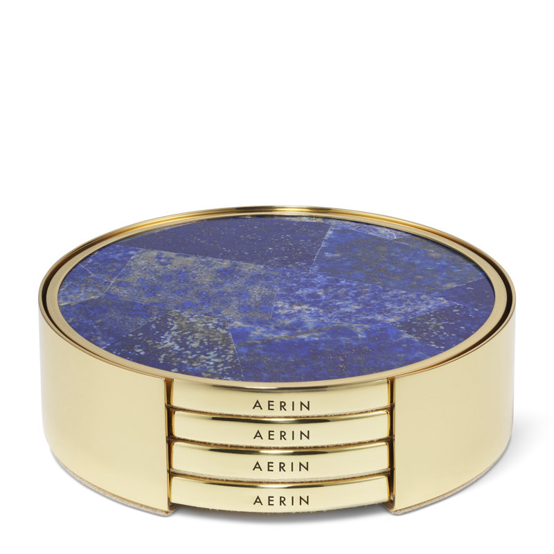 Lapis Blue Stone Mosaic Round Coaster Set with Gold Edging