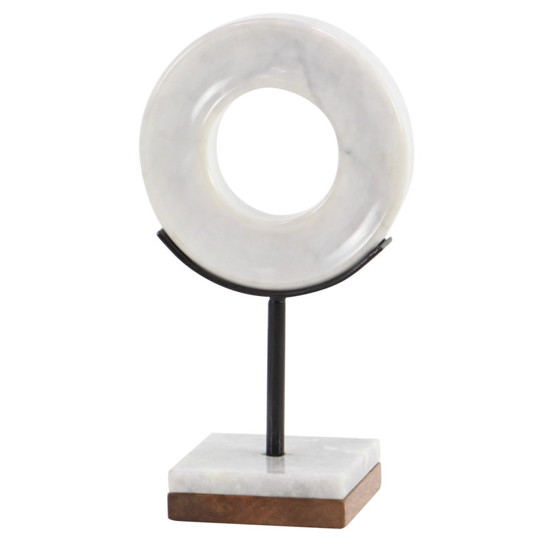White Marble Ring Sculpture with Wood Base