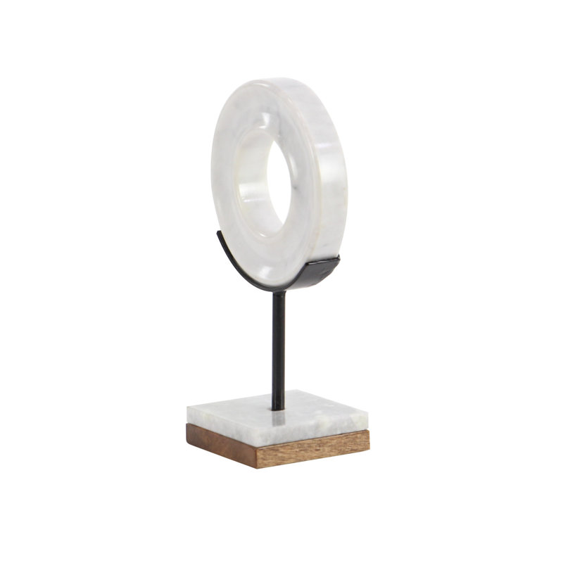 White Marble Ring Sculpture with Wood Base
