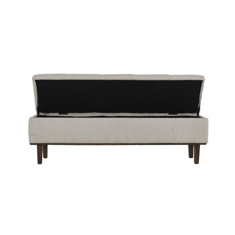 Elegant French Beige Tufted Storage Bench with Contrasting Wood Frame 54"