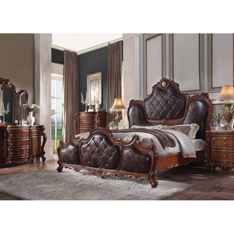 Cherry Oak Queen Bed with Tufted Upholstered Headboard