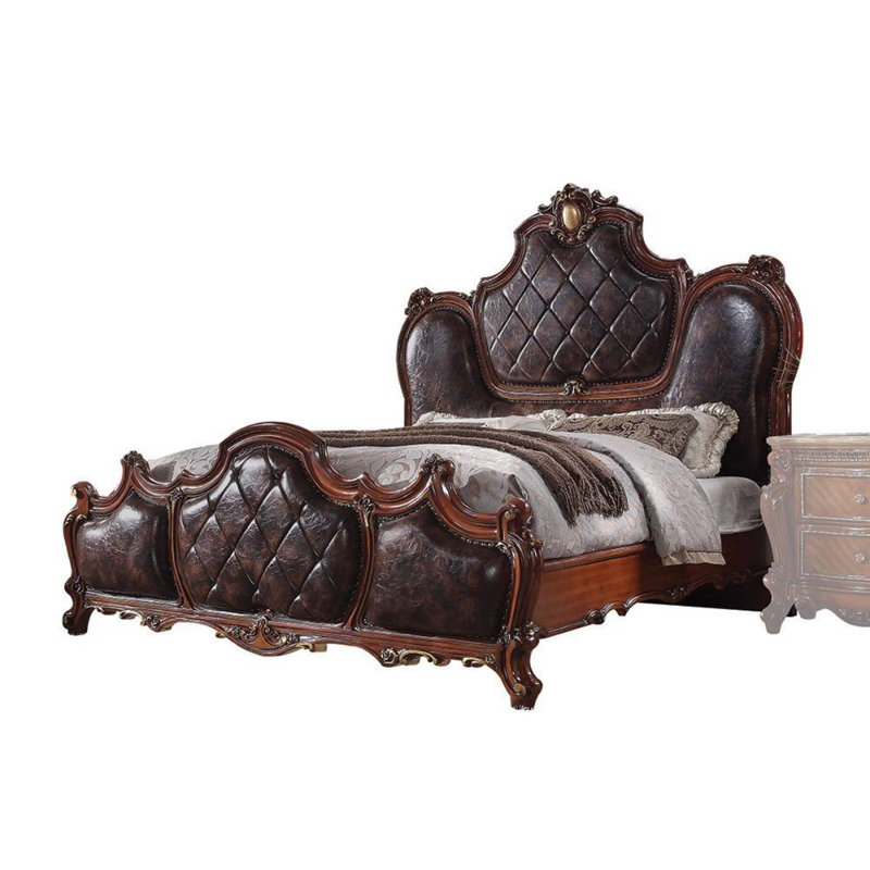 Cherry Oak Queen Bed with Tufted Upholstered Headboard