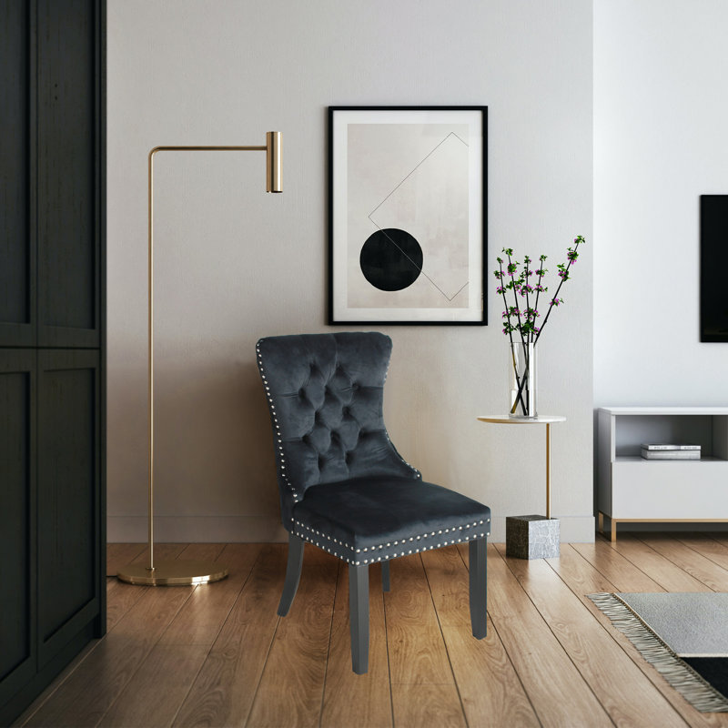 Black Velvet Upholstered Dining Chair with Tufted Back