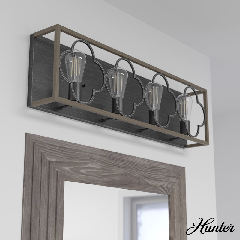 French Oak and Black Iron 4-Light Vanity Fixture
