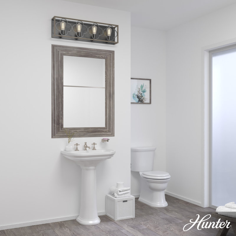 French Oak and Black Iron 4-Light Vanity Fixture