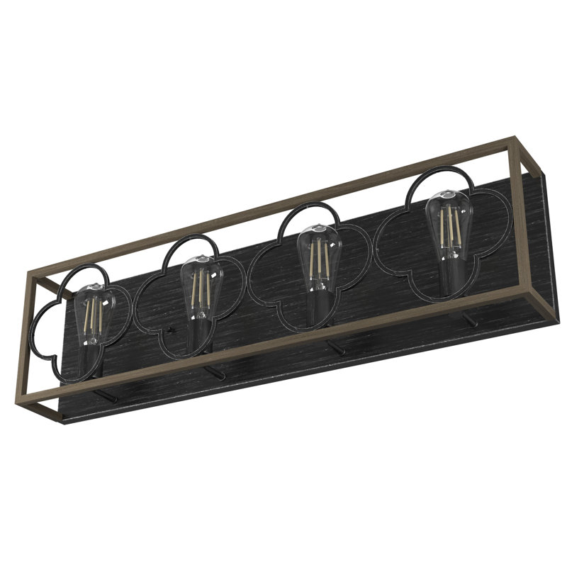 French Oak and Black Iron 4-Light Vanity Fixture