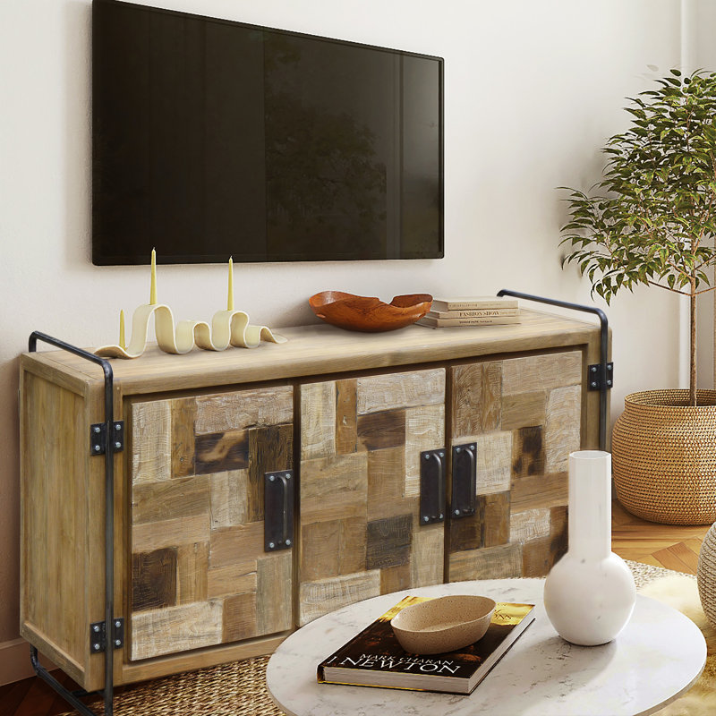 Handcrafted Rustic Teak Wood Media Console with Patterned Cabinet Doors