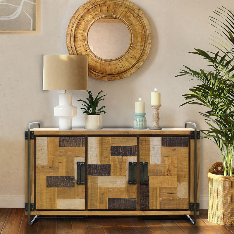 Handcrafted Rustic Teak Wood Media Console with Patterned Cabinet Doors