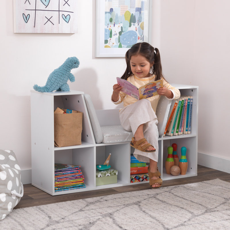 Transitional White Wooden Bookcase with Cozy Reading Nook for Kids