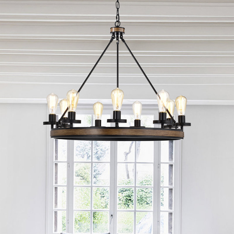 Black and Wood Grain 9-Light Wagon Wheel Chandelier